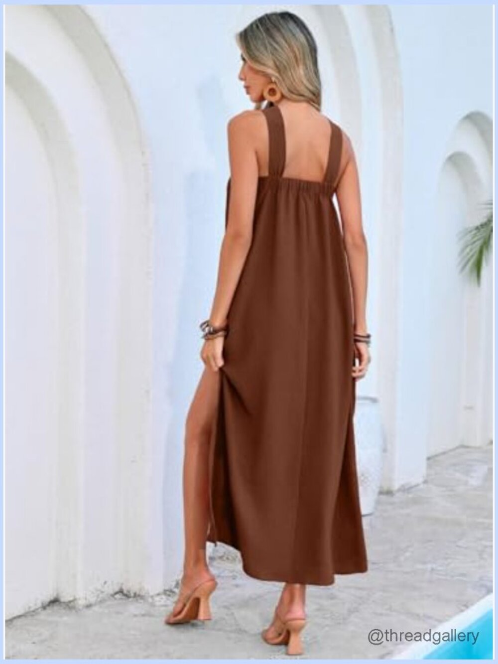 Sleeveless Halter Maxi Dress Side Slit Vacation Beach Casual Flowy - Picture 4 of 7